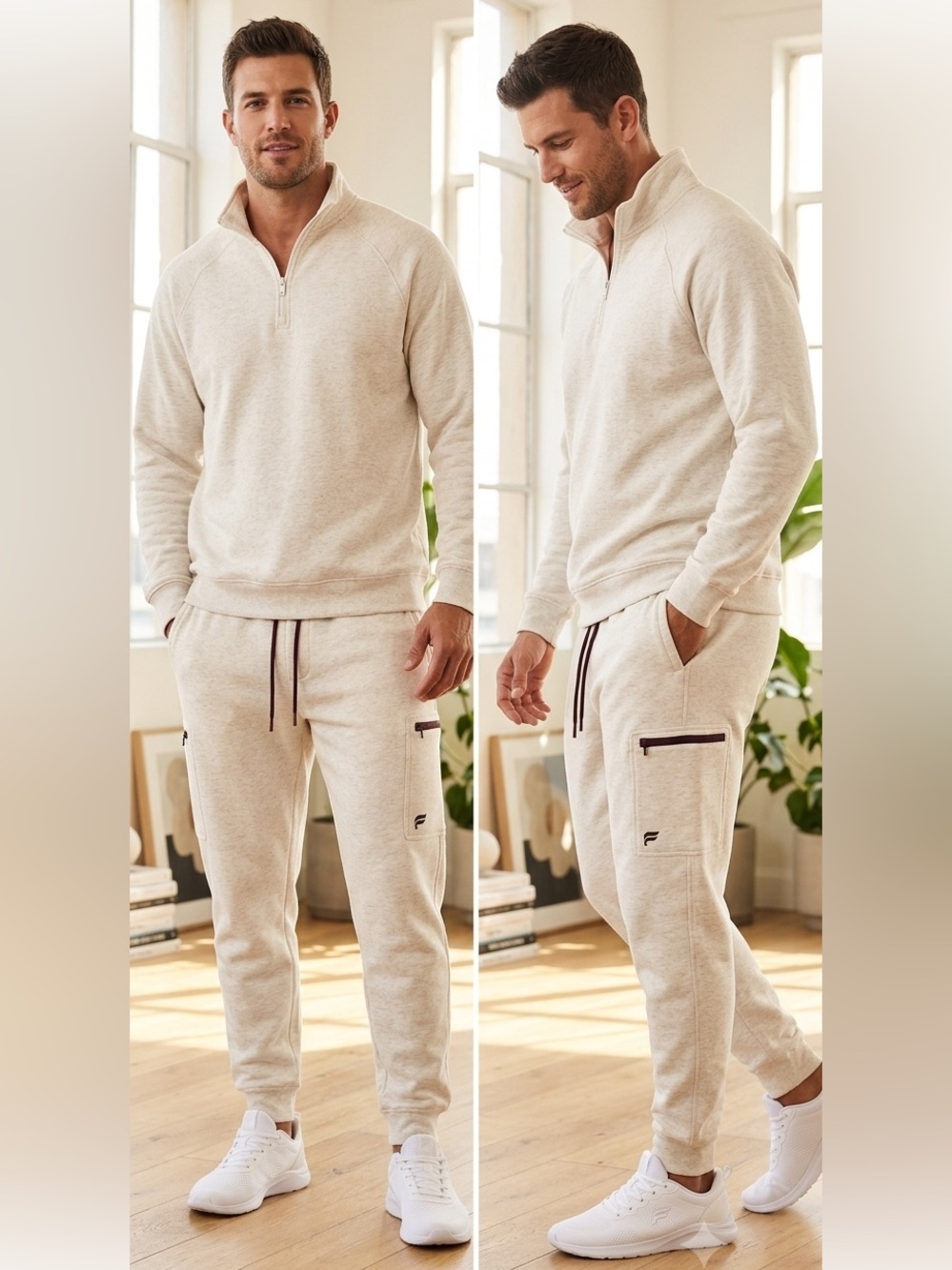 Fabletics Light Heather Cream Quarter‑Zip Sweatshirt & Joggers Set
